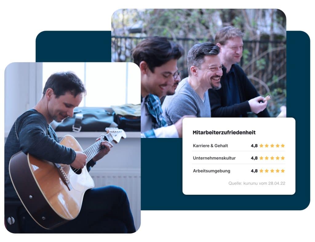 Bildcollage Teambilder: Sven links mit Gitarre und rechts Simon, Max und Joe, außerdem ein Ausschnitt aus unserem kununu Scoring