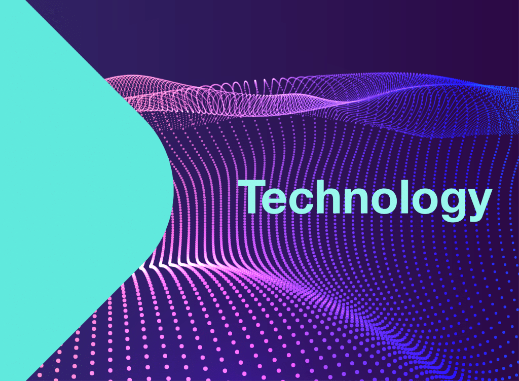 An abstract background in pink shades with the heading Technology