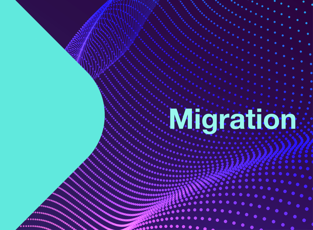 An abstract background in pink shades with the heading Migration
